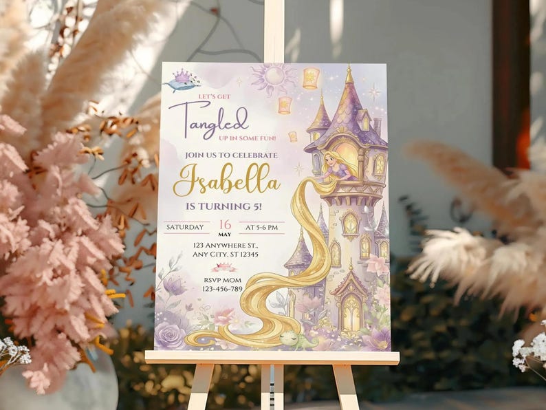 The image is a birthday invitation for a girl named Isabella, who is turning six years old. The invitation is set against a backdrop of a castle and flowers, creating a whimsical and enchanting atmosphere.