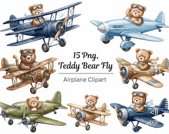 Puede incluir: Ilustraciones en acuarela de osos de peluche pilotando aviones antiguos en varios colores, incluyendo azul, verde y marrón. Cada oso lleva gafas y una bufanda. La imagen incluye el texto "15 Png, Teddy Bear Fly Airplane Clipart."