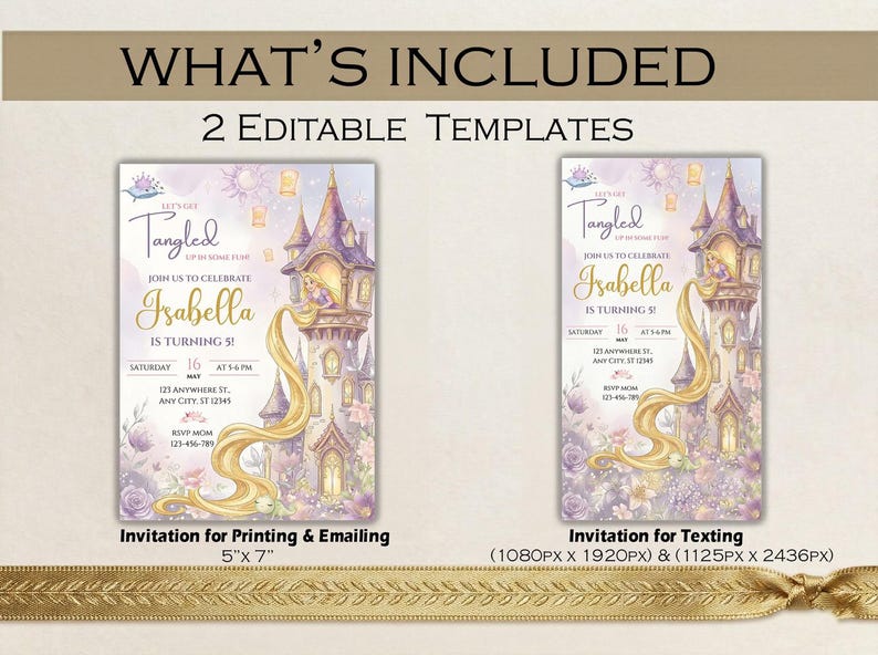 two identical birthday party invitation designs for a girl named Isabella who is turning 5. The invitations feature a castle theme and are available for printing and emailing or for texting.