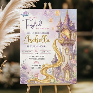 The image is a birthday invitation for a girl named Isabella, celebrating her 16th birthday. The invitation features a castle illustration and the text "Let's get Tangled in some fun!"