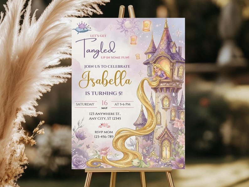 The image is a birthday invitation for a girl named Isabella, celebrating her 16th birthday. The invitation features a castle illustration and the text "Let's get Tangled in some fun!"