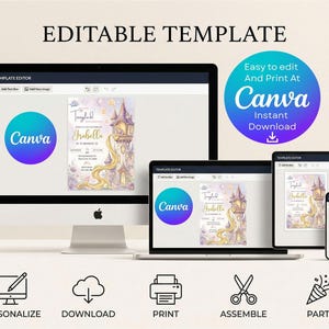 a digital interface for a customizable Canva template, featuring a variety of editing and printing options.