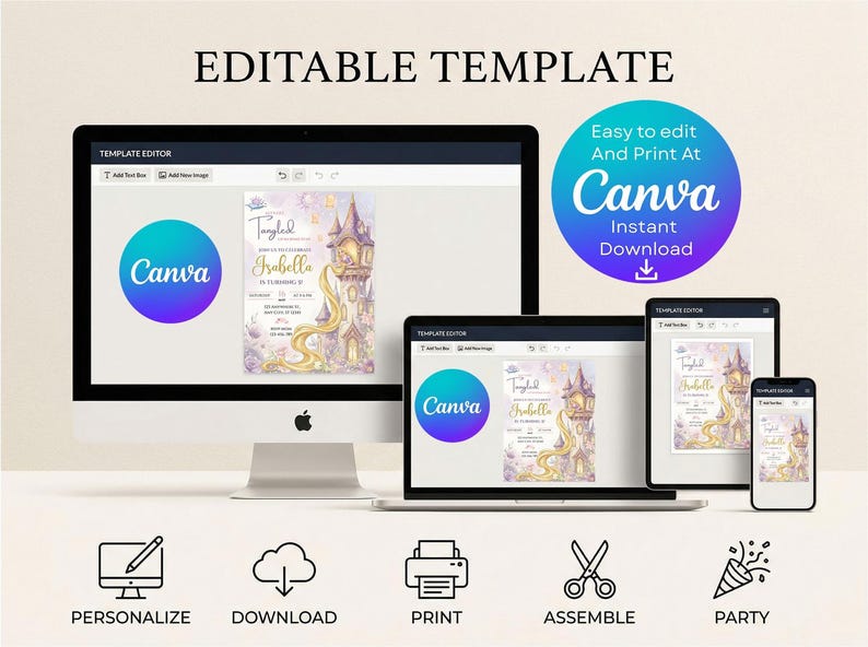 a digital interface for a customizable Canva template, featuring a variety of editing and printing options.