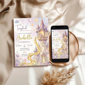 A birthday invitation for a girl named Isabella, featuring a castle and a castle-like structure, along with details about the event.