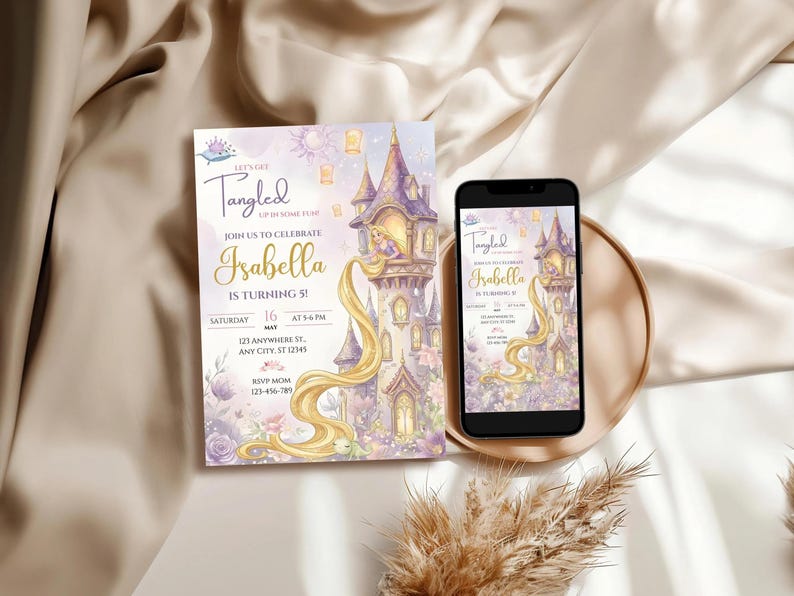 A birthday invitation for a girl named Isabella, featuring a castle and a castle-like structure, along with details about the event.
