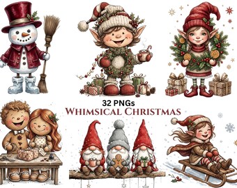 Puede incluir: Una colección de ilustraciones PNG caprichosas con temática navideña. Las imágenes presentan un muñeco de nieve, elfos, gnomos y hombrecitos de jengibre. La paleta de colores incluye rojos, verdes y marrones, con el texto "Whimsical Christmas".