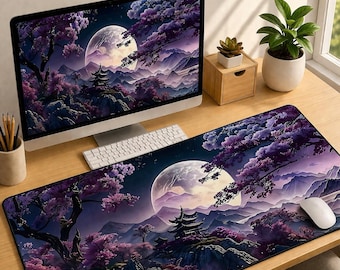 Purple Sakura Desk Mat – Japanese Moon Night Gaming Mouse Pad, Anti-Slip Keyboard Mat