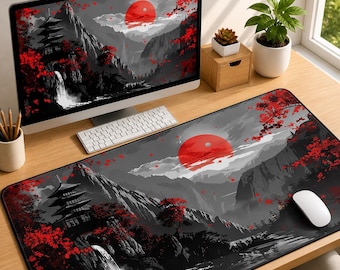 Japanese Red Sun Gaming Mouse Pad, Samurai Style Desk Mat, Sakura Anime Mousepad, XXL Keyboard Pad, Aesthetic Gaming Setup Decor