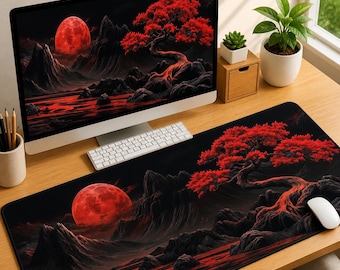 Red Moon Gaming Mouse Pad, Japanese Sakura Desk Mat, Dark Anime Mousepad, XXL Keyboard Pad, Aesthetic Gamer Setup Decor