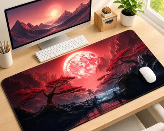 Fantasy Moon Gaming Mouse Pad, Japanese Sakura Desk Mat, Pink Anime Mousepad, XXL Keyboard Pad, Aesthetic Gaming Setup Decor