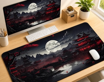 Large Japanese Pagoda Desk Mat – Red Black Ink Art Landscape Mousepad Keyboard Mat