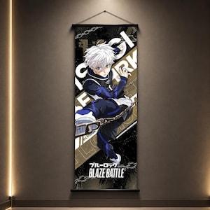 May include: A vertical wall scroll featuring an anime character with white hair and blue and black clothing. The character is holding a chain. The background is black and gold with the text "BLAZE BATTLE" and Japanese text.