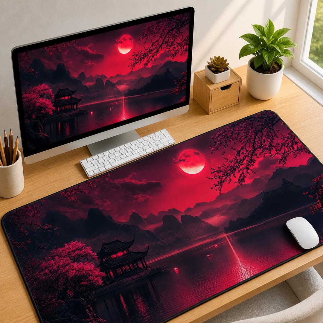Japanese Moon Gaming Mouse Pad, Pink Sakura Desk Mat, Anime Style ...