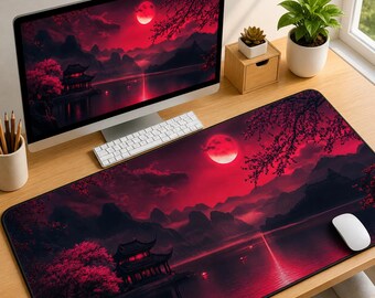 Japanese Moon Gaming Mouse Pad, Pink Sakura Desk Mat, Anime Style Extended Mousepad, XXL Keyboard Pad, RGB Gaming Setup Decor