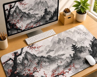Japanese Ink Wash Gaming Mouse Pad, Sakura Desk Mat, Zen Mountain Anime Mousepad, XXL Keyboard Pad, Minimalist Gaming Setup Decor