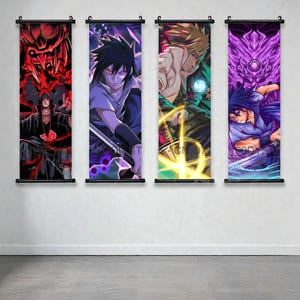May include: Four vertical wall scrolls featuring anime characters. Each scroll has a black rod at the top and bottom. The characters are depicted in vibrant colors, with themes of red, purple, and yellow. The scrolls are hanging on a white wall.