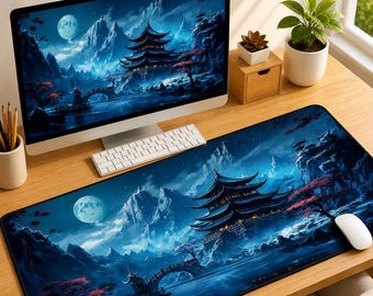 Moonlight Japanese Gaming Mouse Pad, Sakura Anime Desk Mat, Blue Night Keyboard Pad, XXL Gaming Mouse pad, Aesthetic Desk Setup Decor