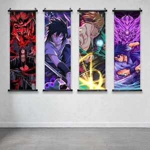 May include: Four vertical wall scrolls featuring anime characters. Each scroll has a black rod at the top and bottom. The characters are depicted in vibrant colors, with themes of red, purple, and yellow. The scrolls are hanging on a white wall.