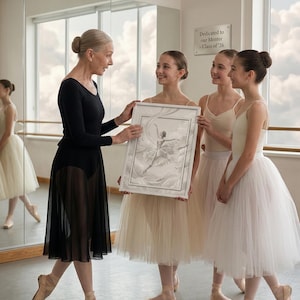 May include: A framed artwork of a ballerina is presented to a group of young ballet dancers by an older woman. The artwork is in a white frame and features a detailed illustration of a ballerina. The dancers are wearing tutus and ballet shoes.