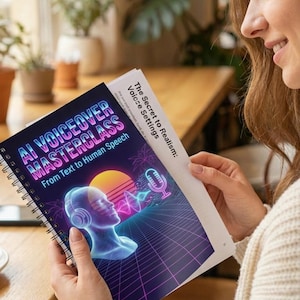 May include: A spiral-bound notebook titled "AI Voiceover Masterclass" with the subtitle "From Text to Human Speech." The cover features a neon graphic of a person wearing headphones and a microphone. The woman is holding the notebook and a page titled "The Secret to Realism: Voice Settings."