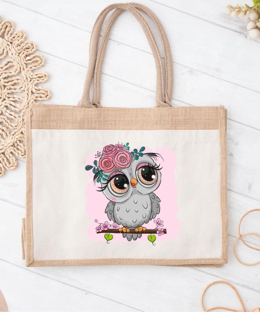 Floral Owl Canvas Tote Bag, Whimsical Bird Illustration Shoulder Purse