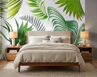 Behang met tropische bladeren, zelfklevende achterkant, jungle muurschildering, verwijderbaar behang met groen, boho woondecoratie
