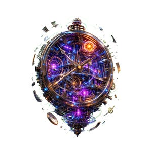 May include: A circular pocket watch featuring a complex metallic frame with Roman numerals. The interior displays a vibrant, glowing cosmic cityscape with purple and orange light, intricate gears, and floating mechanical components.