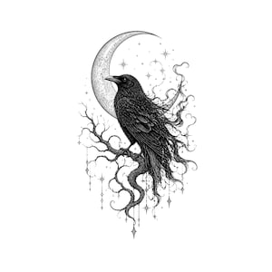 Raven T Shirt Design PNG Celestial Crow Crescent Moon Sublimation Graphic Gothic Bird TShirt Design Dark Academia Line Art Digital Download