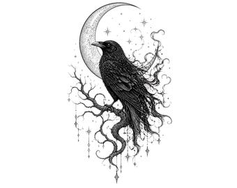 Design per maglietta con corvo PNG Corvo celeste Luna crescente Sublimazione Grafica Uccello gotico Design per maglietta Dark Academia Line Art Download digitale