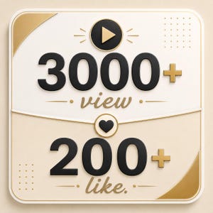 May include: A square sign with rounded corners featuring a cream background and gold accents. The top section displays a black play icon above the text 3000+ view. The bottom section shows a black heart icon above the text 200+ like.