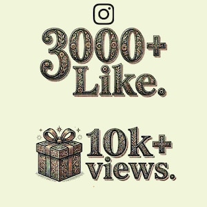 以下が含まれることがあります： Instagramのロゴアイコンの下に「3000+ Like.」というテキストが配置されたグラフィックイラスト。その下には、きらめきのあるギフトボックスのアイコンと「10k+ views.」というテキストがあります。すべてのテキストとアイコンは、暗い色調の装飾的な花柄のデザインです。