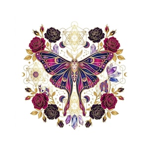 Celestial Luna Moth T Shirt Design PNG Sacred Geometry Sublimation Graphic Mystic Butterfly Rose TShirt Design Witchy Crystal Digital