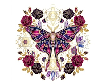 Celestial Luna Moth T Shirt Design PNG Sacred Geometry Sublimation Graphic Mystic Butterfly Rose TShirt Design Witchy Crystal Digital