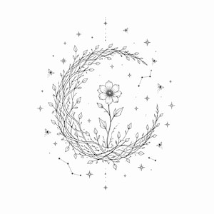 Celestial Moon T Shirt Design PNG Floral Crescent Moon Line Art Sublimation Graphic Mystic Flower Aesthetic TShirt Design Digital Download