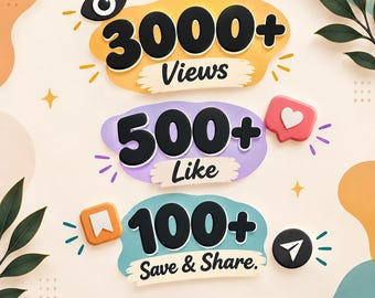 Op de afbeelding: Een grafisch ontwerp met drie gestapelde tekstelementen: 3000+ Views op een gele vorm, 500+ Like op een paarse vorm met een hartpictogram, en 100+ Save & Share op een blauwe vorm met bladwijzer- en papieren vliegtuigpictogrammen.