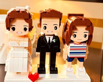 Personalized Cartoon Brick Figures,3 Person Block Figurines,Custom Family Building Blocks