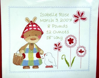 Bucilla Birth Record Cross Stitch Kit SNUGGLE BUNNY Sweet Joyful Announcement !  Wonderful Gift for Baby