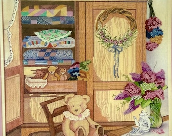 Vintage Candamar Designs Cross Stitch Kit -TEDDY and QUILT CABINET- Very Country Very Colorful Very Sweet