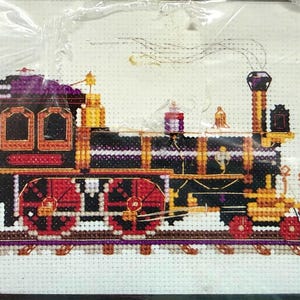 Sunset Jiffy Cross Stitch Kit -ALL ABOARD- Steam Engine Splendor- Bright Colors Fast and Fun  Project !
