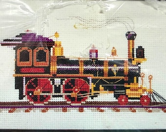 Sunset Jiffy Cross Stitch Kit -ALL ABOARD- Steam Engine Splendor- Bright Colors Fast and Fun  Project !