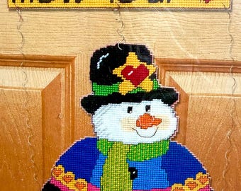 Vintage Plastic Canvas Door Greeter- SNOWMEN MELT Your HEART- Bright Bold Colors-Charming Fellow to Greet You !