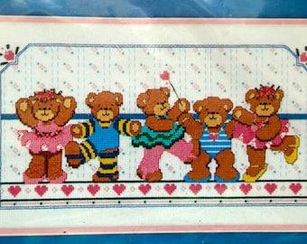 Dimensions Vintage Stamped Cross Stitch Kit- The BEAR BALLET- Whimsical Tiny Dancers Delight !