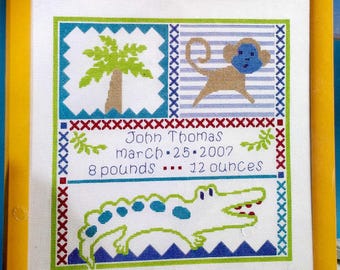 Bucilla Cross Stitch Birth Record Kit - SAFARI- Monkey Crocodile and Palm Tree ~Delightful !