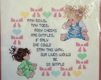 Janlynn Vintage Cross Stitch Kit -PINK BOWS- Little Girl  Sweet Sentiment Gift to Make