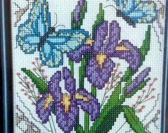 Vintage Cross Stitch Kit With Frame - IRIS and BUTTERFLIES- Perfect Portable Project ! Spring is in the Air !