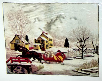 Vintage Currier & Ives Needlework Kit AMERICAN FARM SCENES No.4- Winter -Sleigh Ride -Ice Skating ~Heirloom Quality
