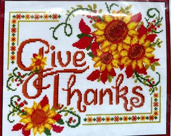 Colorful Cross Stitch Kit - GIVE THANKS- Rich Autumn Colors Bold Beautiful Sunflowers~Just  Stunning !