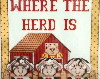 Sugarplum Express Cross Stitch Kit with Frame- HOME of THE HERD- Whimsy Farm Crew Cows Pig Geese