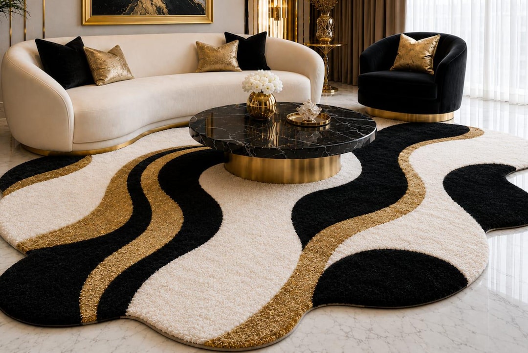 Luxury Wavy Tufted Area Rug, Black Gold and Cream Irregular Shaped Rug ...