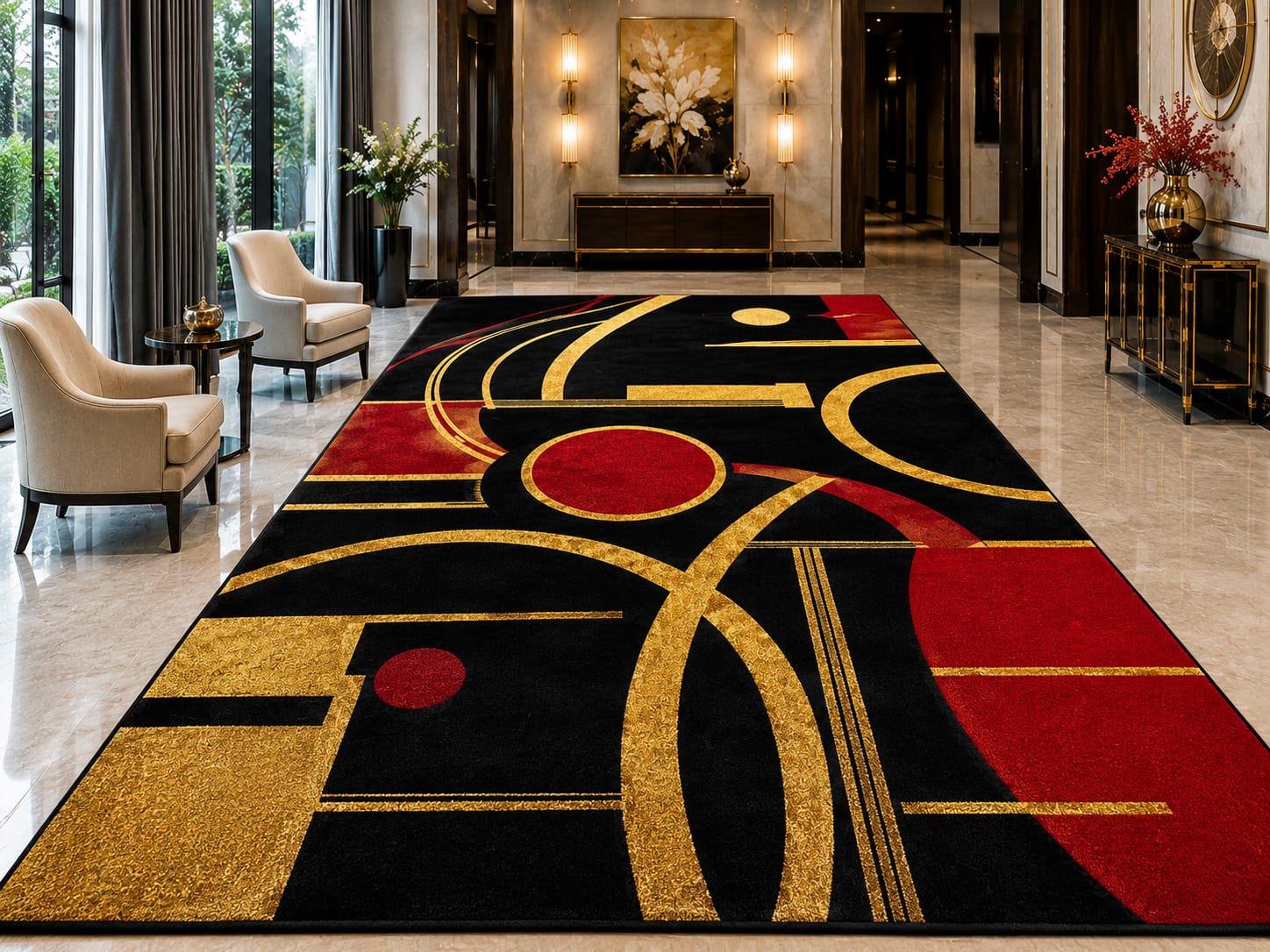 Black Gold Red Abstract Area Rug, Modern Geometric Art Deco Carpet
